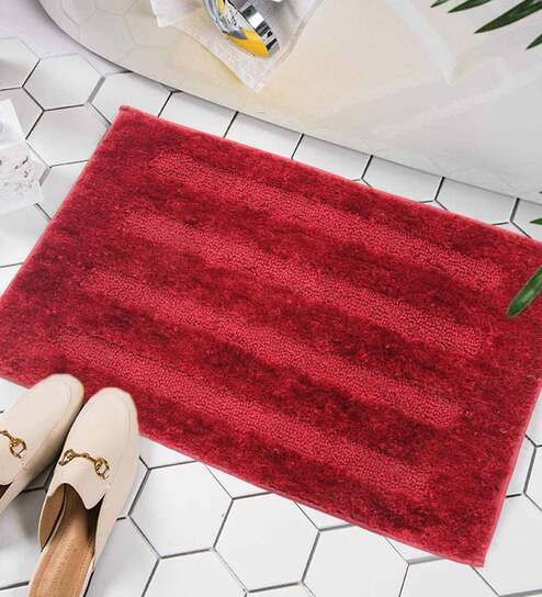 Maroon Geometric Microfibre 24x16 Inches AntiSkid Bath Mat by Luxe Home International