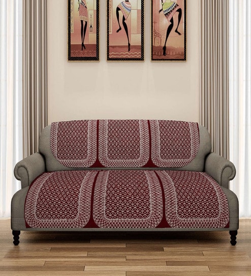 Maroon Geometric Polyester 5 Seater Sofa Cover