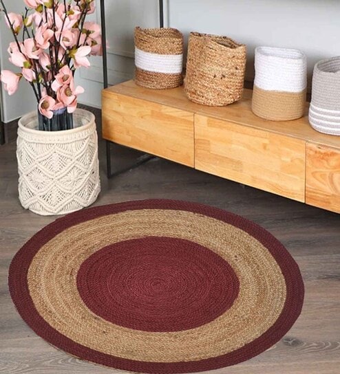 Maroon Geometrical Jute 3 X 3 Feet Hand Woven Round Carpet by SHAHINA EXPORTS