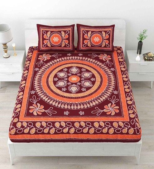 Maroon Traditional 120 TC Cotton Queen Sized Bedsheet with 2 Pillow Cover