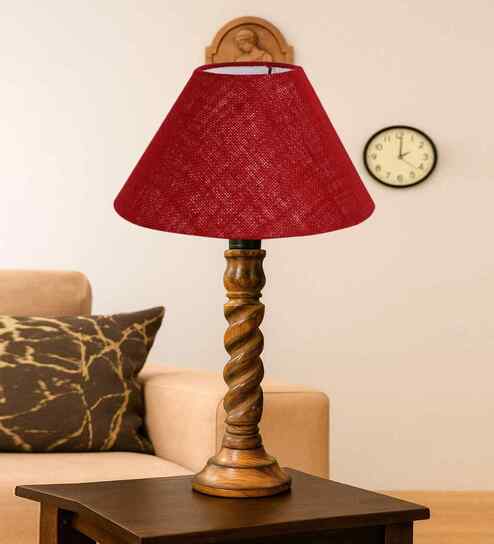 Maroon Jute Table Lamp With G Wood  Base 10X19 Inches