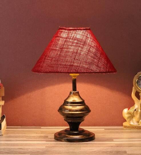 Maroon Natural Fiber Shade Table Lamp With Copper Base By Foziq