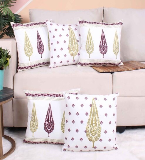 Maroon Polycotton Floral 16x16 inches Cushion Covers (Pack of 5) by STITCHNEST