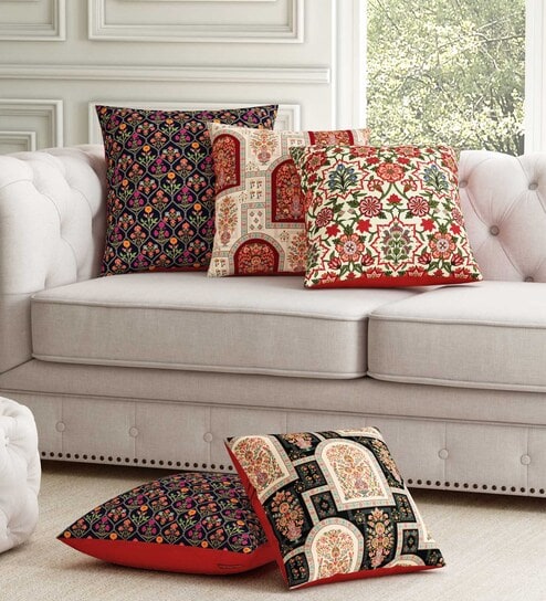 Maroon Traditional Poly Cotton 12 x 12 Inches Cushion Covers (Set of 5)