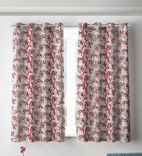 Maroon Polyester Floral Light Filtering Eyelet 5 Feet Window Curtains (2 Pc)
