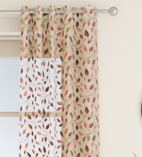 Maroon Floral Polyester 7 Ft Sheer Eyelet Door Curtain by GM Fabrics