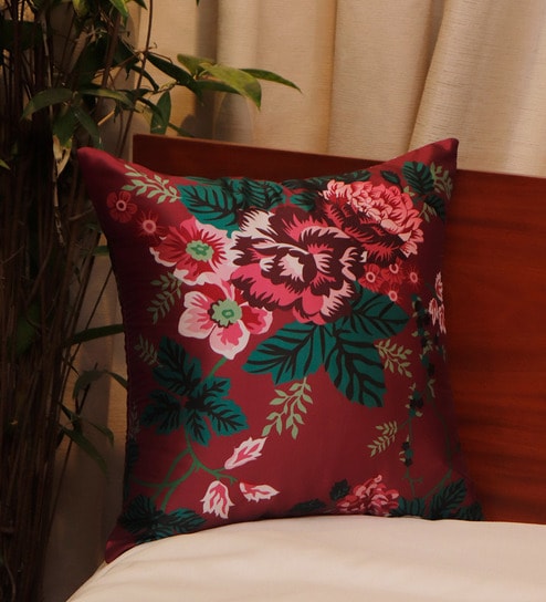 Maroon Floral Fabric 16 x 16 Inch Cushion Cover by Zeba