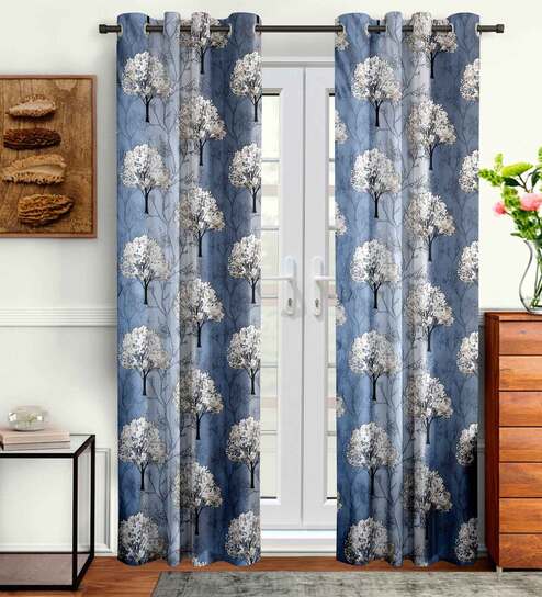 Blue Floral Polyester 9 Ft Semisheer Eyelet Door Curtains (Set of 2)