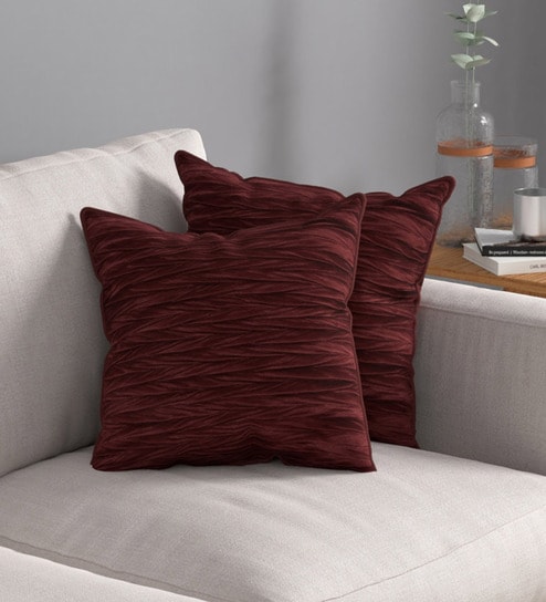 Maroon Textured Polyester 16 x 16 Inches Cushion Covers (Set of 2)