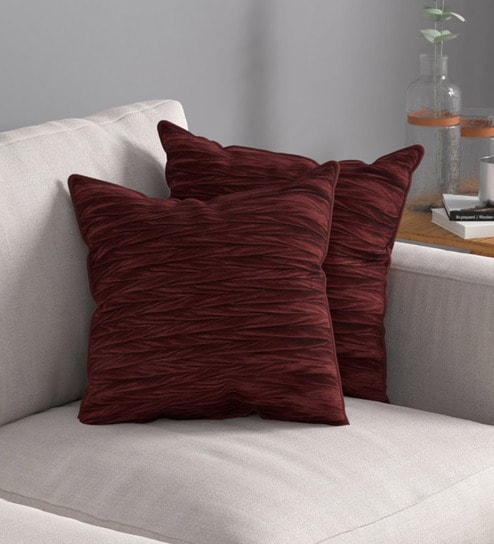 Maroon Textured Polyester 32 x 32 Inches Cushion Covers (Set of 2) by ROSARAHOME