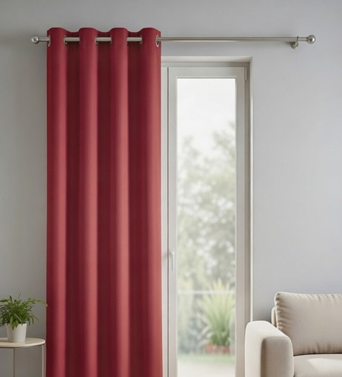 Maroon Polyester Solid Light Filtering Eyelet 7 Feet Door Curtain