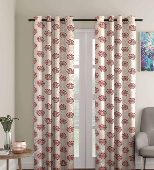 Maroon Polyester Traditional Light Filtering Eyelet 9 Feet Door Curtains (2 Pc)