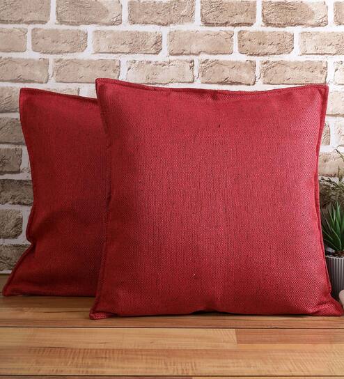 Maroon Solid Jute 18 x 18 Inches Cushion Covers (Set of 2)