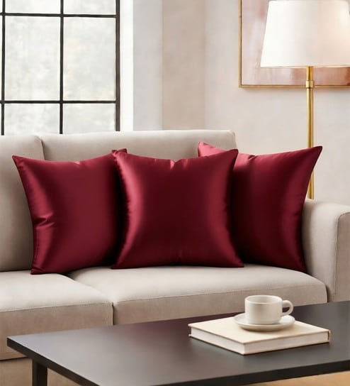 Maroon Satin Solid 40x40 inches Cushion Covers Set of 3