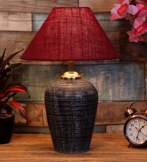 Maroon Shade Table Lamp With Terracotta Base By Foziq