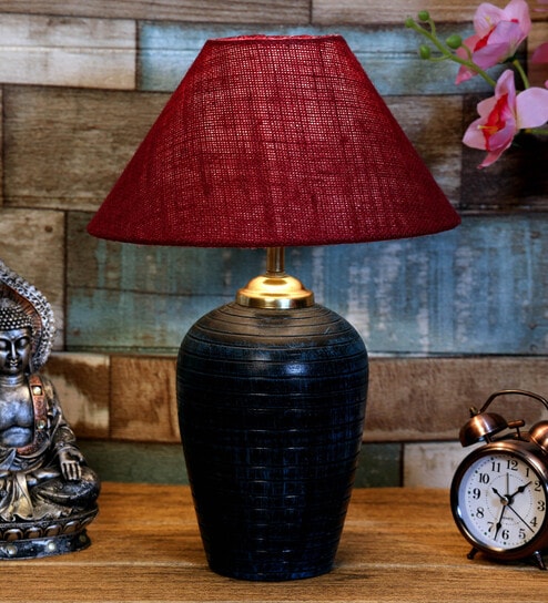 Maroon Shade Table Lamp With Terracotta Base By Foziq