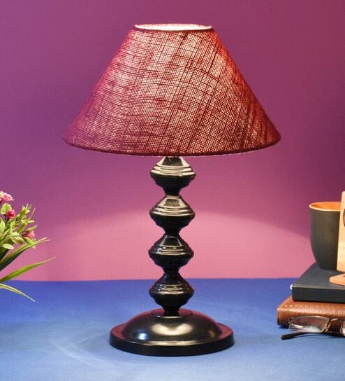 Maroon Shade Table Lamp With Metal Base By Foziq