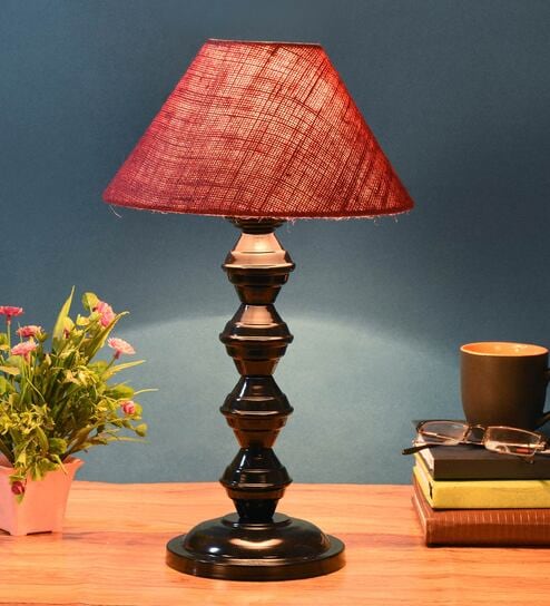 Maroon Shade Table Lamp With Metal Base By Foziq