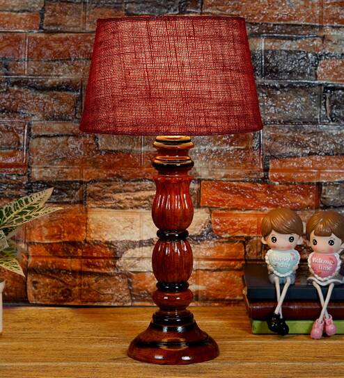 Hector Maroon Fabric Shade Night Lamp With Wood Base By BrightDaisy