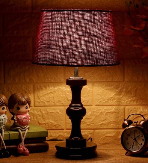 Premium Maroon Natural Fiber Shade Night Lamp With Wood Base By BrightDaisy
