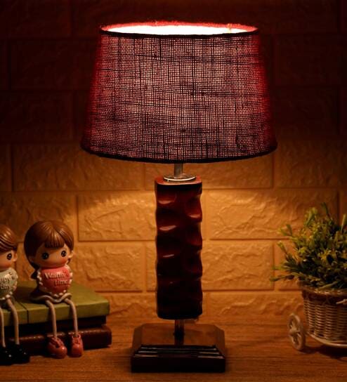 Florence Maroon Natural Fiber Shade Night Lamp With Wood Base By BrightDaisy