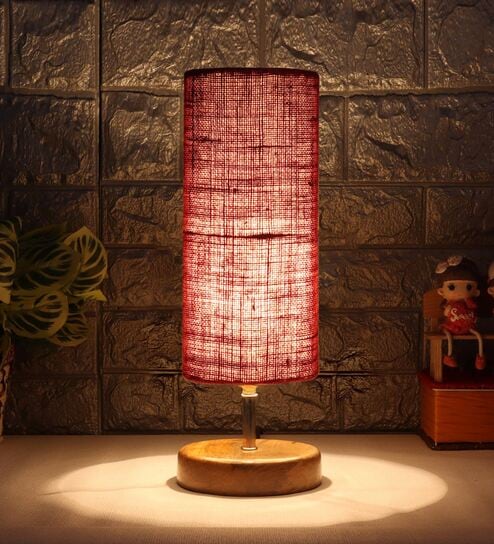 Starlet Maroon Jute Shade Table Lamp With Wood Base by New Era