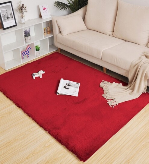Maroon Solid Polyester 4 X 6 Feet Machine Made Carpet