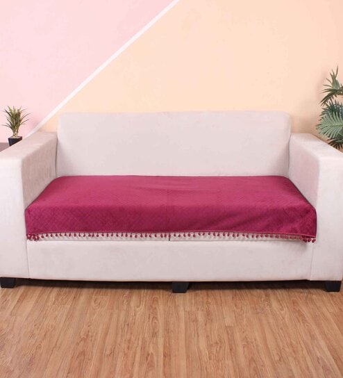 Maroon Solid Velvet 3 Seater Quilted Sofa Cover (Protector) with Pompom