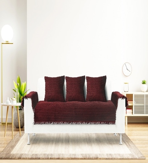 Maroon Striped Polyester 3 Seater Sofa Cover (Pack of 6) by Saral Home