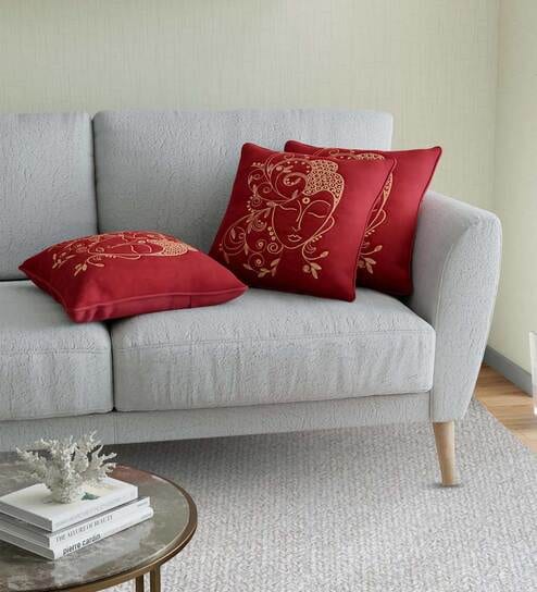 Maroon Traditional Cotton Embroidered Cushion Covers (3pcs)