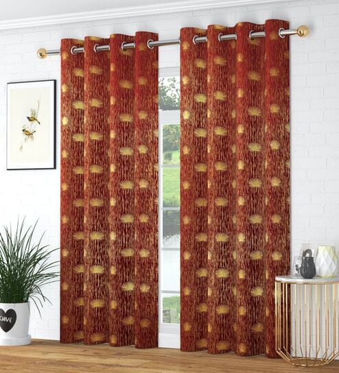 Maroon Velvet Abstract 9 Foot Ring Top Door Curtains Set Of 2