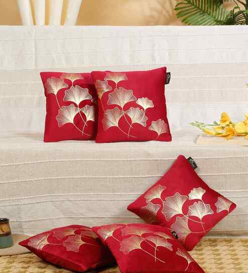 Maroon Velvet Floral 12X12 Inches Cushion Covers (Pack of 5)