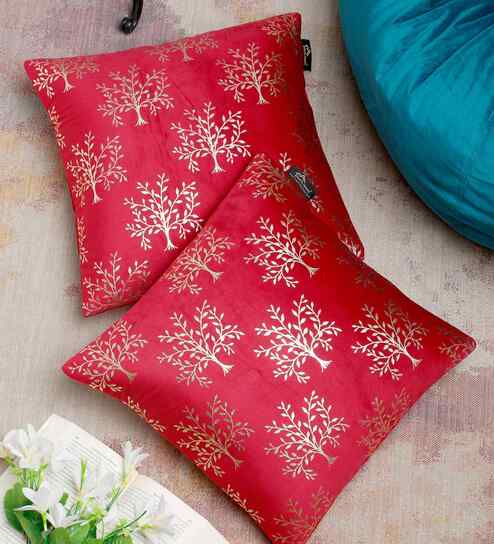 Maroon Velvet Floral 16X16 Inches Cushion Covers (Pack of 2)