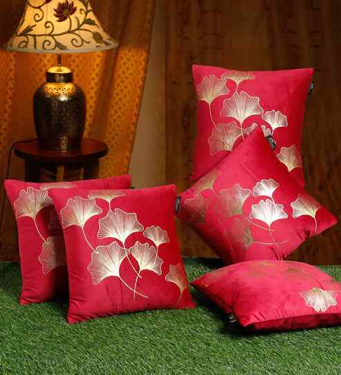 Maroon Velvet Floral 16X16 Inches Cushion Covers (Pack of 5)