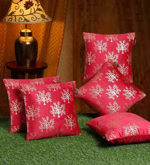 Maroon Velvet Floral 16X16 Inches Cushion Covers (Pack of 5)
