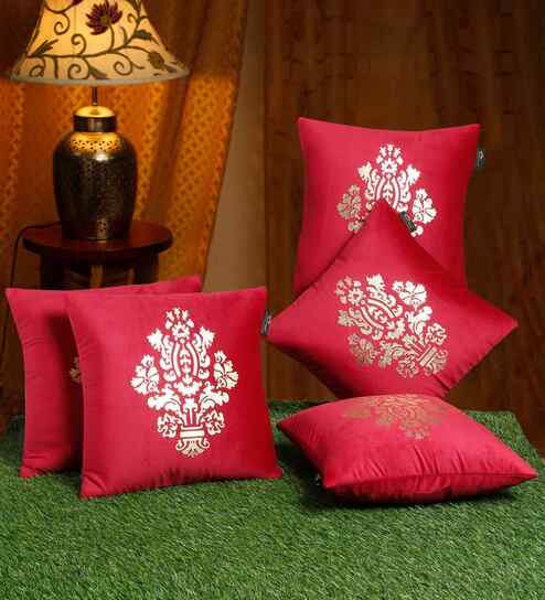 Maroon Velvet Abstract 16X16 Inches Cushion Covers (5Pcs)