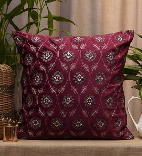 Maroon Traditional Velvet 20 x 20 Inches Cushion Cover by Zeba