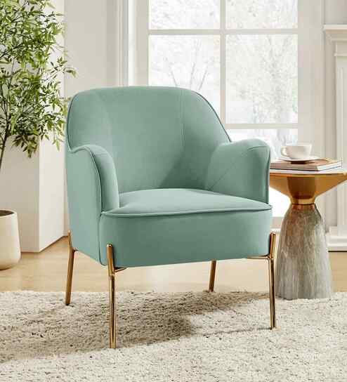 Maruti Velvet Fabric Lounge Chair In Mint Green Colour