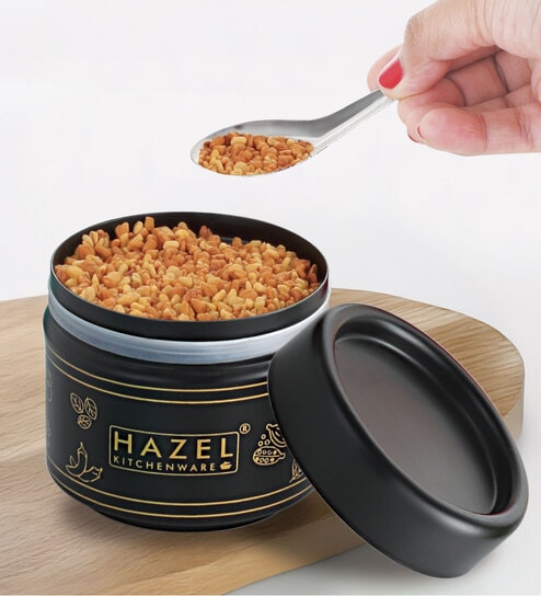Masala Container Set with Spoon, Airtight Galvanized Iron Spice Box for Kitchen Storage, Black