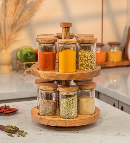Masara Spice Rack with Glass Jars Acacia Wood Rotating Organizer