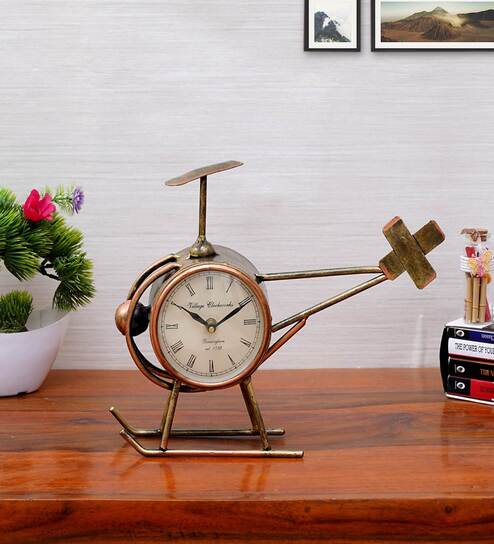 Matel Copper  Finish Decorative Showpiece Helicoptor Table Clock by