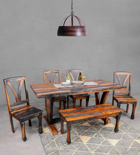 Mathis Sheesham Wood 6 Seater Dining Set in Vintage Black & Teak Finish with Bench