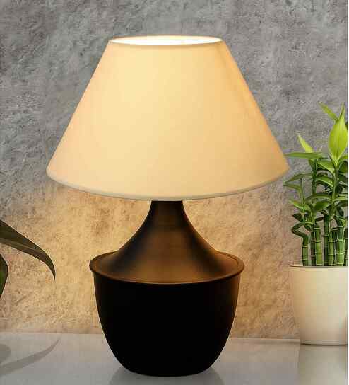 Matt Black Metal Modern Lamp with Fabric Shade, Simple Side Lamp, Black Tulip, Off-White Shade