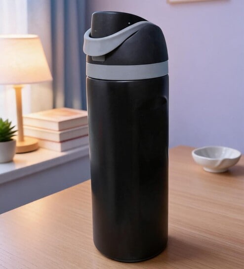 Black Matte Finish Stainless Steel Water Bottle with Flip Top Lid, 750 ml