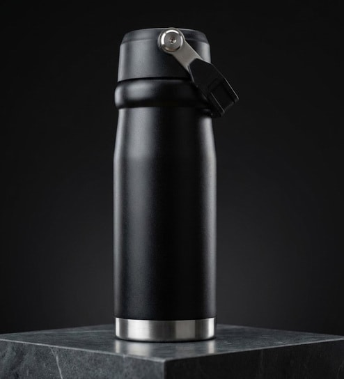 Matte Stainless Steel Black Sports Vacuum Insulated Bottle with Handle Loop