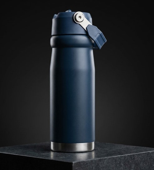 Matte Stainless Steel Blue Sports Vacuum Insulated Bottle with Handle Loop