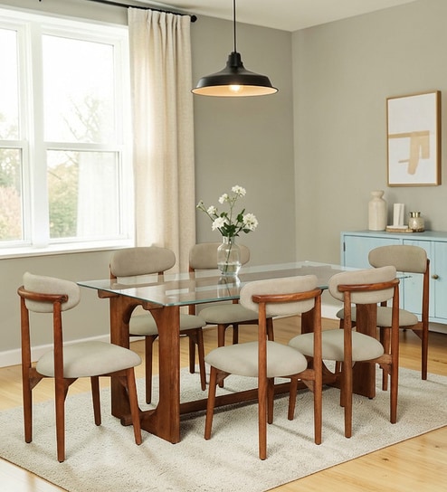 Mauren Mango Wood 6 Seater Dining Table Set With Glass Top In Mahogany Finish