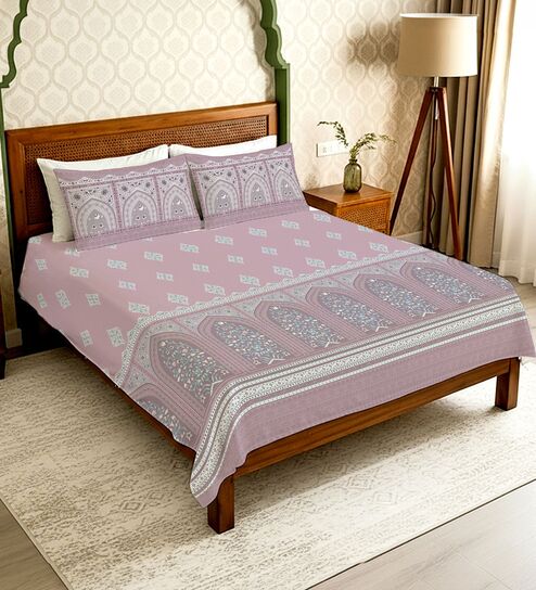 Mauve Floral 300 TC Cotton King Sized Bedsheet with 2 Pillow Covers