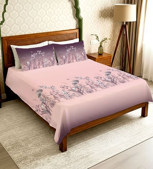 Mauve Floral 300 TC Cotton King Sized Fitted Bedsheet with 2 Pillow Covers