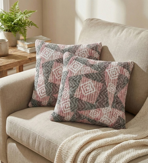 Mauve Polyester Geometric 18x18 inches Cushion Covers Set of 2